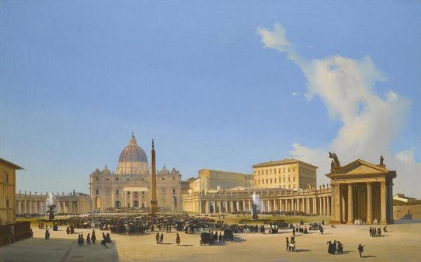 Ippolito Caffi Rome, A View Of Saint Peter's Basilica And Square With Crowds Awaiting A Papal Audience