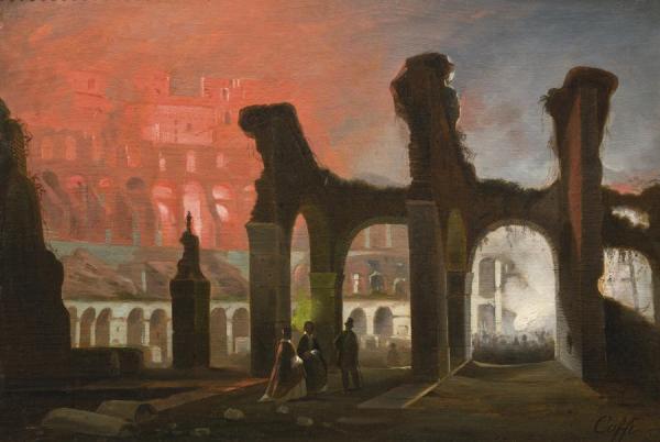 The Interior Of The Colosseum Illuminated By Fireworks by Ippolito Caffi