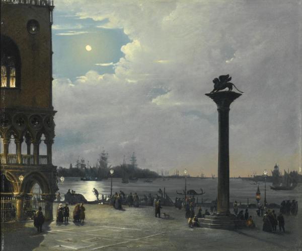 Venice, A Nocturnal View Of Piazza San Marco With The Ducal Palace by Ippolito Caffi Oil Painting Reproductions