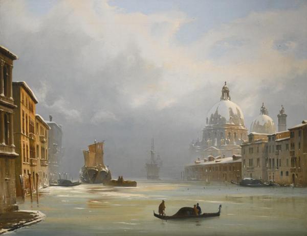 Venice, A View Of The City Under Snow With The Church Of The Salute by Ippolito Caffi