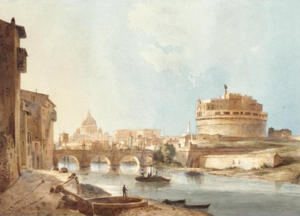 View Of The Castel Sant' Angelo And St Peter's, Rome by Ippolito Caffi Oil Painting Reproductions