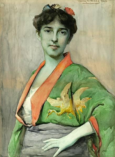 Woman In A Japanese Kimono by Irving Ramsey Wiles Oil Painting Reproductions