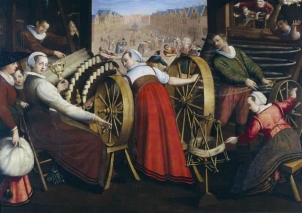 Workers Spinning And Weaving Wool by Isaac Claesz Van Swanenburg