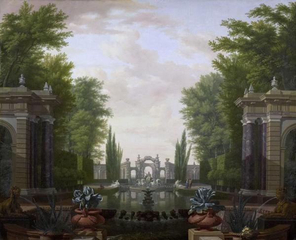 Pool With Statues And Buildings In A Park by Isaac De Moucheron