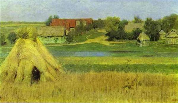 Sheaves And A Village Beyond The River by Isaac Ilich Levitan
