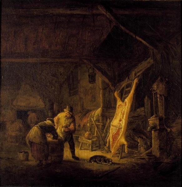 A Barn Interior With Peasants Standing Before A Hog Carcass by Isaac Van Ostade Oil Painting Reproductions