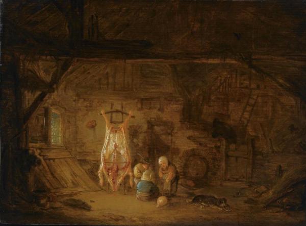 A Barn Interior With Three Children Playing With A Pig's Bladder by Isaac Van Ostade