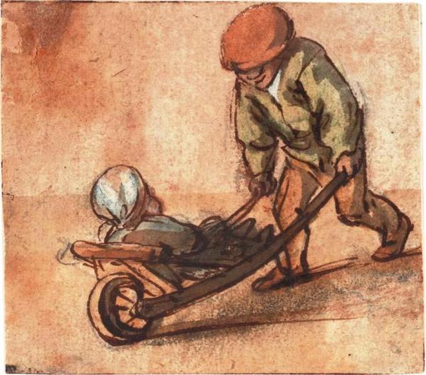 Boy Pushing A Baby In A Wheelbarrow by Isaac Van Ostade