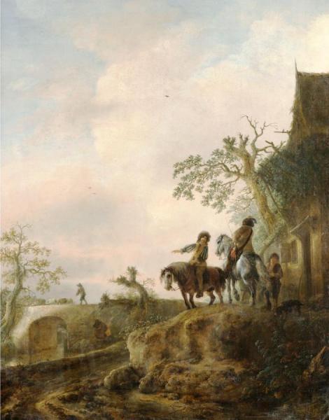 Horsemen Halting At An Inn, A Shepherd Driving His Flock Across A Bridge Beyond by Isaac Van Ostade