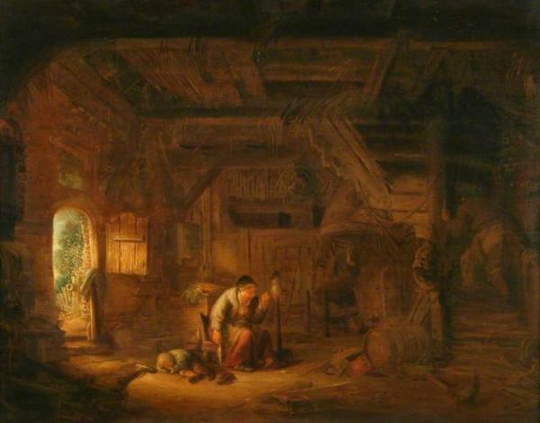 Interior Of A Barn With An Old Woman At A Distaff by Isaac Van Ostade