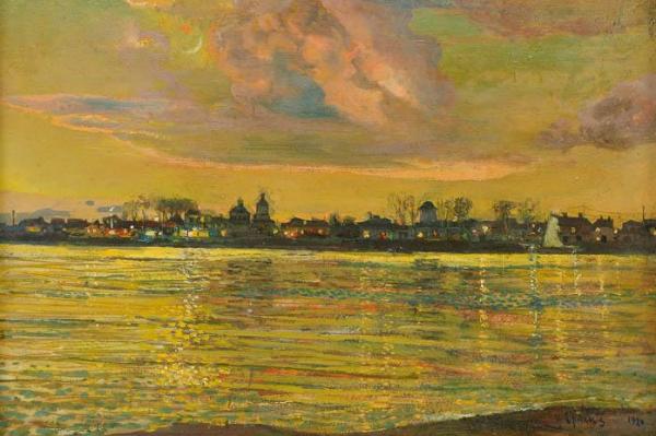 View Of A Town Across A River At Night by Isaak Brodsky