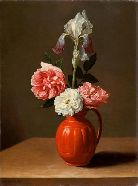 An Iris And Three Roses In An Earthenware Pot by Jacob Foppens Van Es