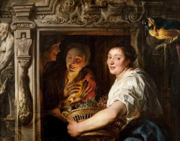 Jacob Jordaens A Maidservant With A Basket Of Fruit And Two Lovers