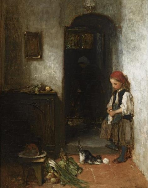 A Girl With A Playing Kitten by Jacob Maris