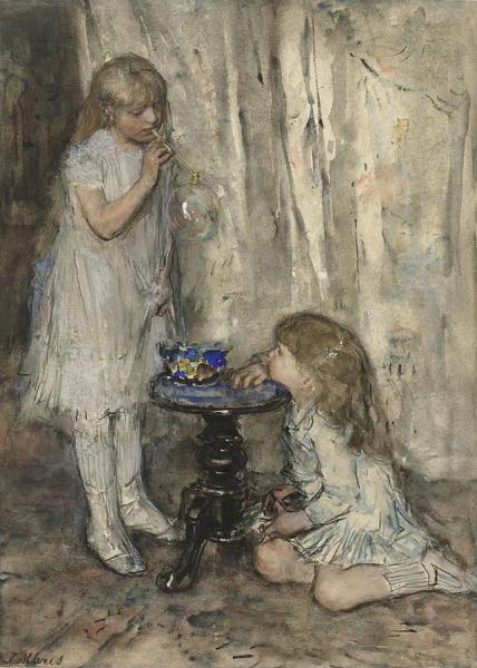 Two Girls, Daughters Of The Artist, Blowing Bubbles by Jacob Maris Oil Painting Reproductions