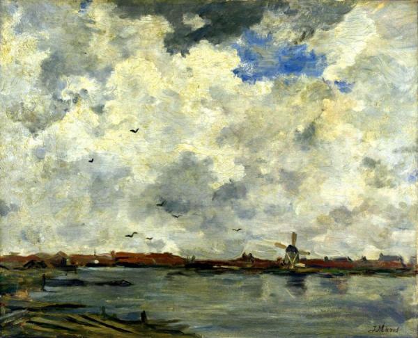 Windmill And Houses Beside The Water. Stormy Sky by Jacob Maris