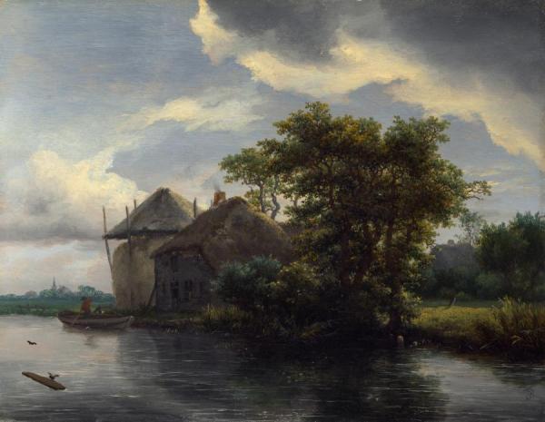 A Cottage And A Hayrick By A River by Jacob Van Ruisdael