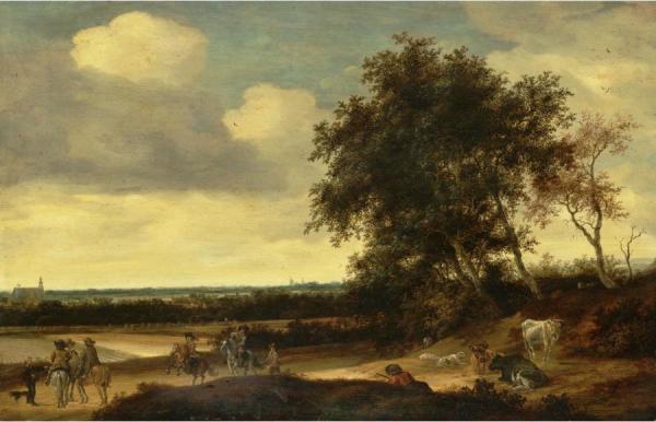 A Landscape With Cavaliers In The Foreground, A Church Beyond by Jacob Van Ruisdael