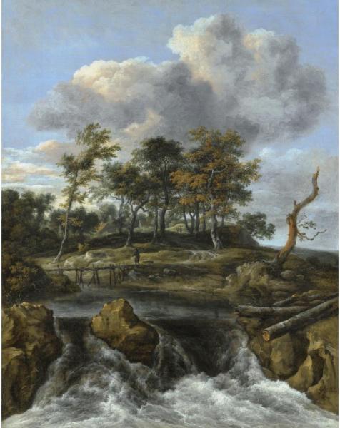 A River Landscape With A Man Crossing A Bridge Above A Waterfall by Jacob Van Ruisdael