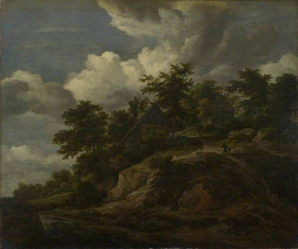 A Rocky Hill, Three Cottages And A Stream At Its Foot by Jacob Van Ruisdael