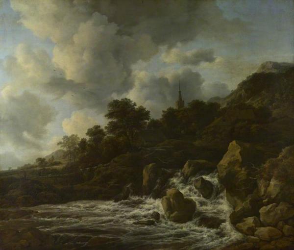 A Waterfall At The Foot Of A Hill, Near A Village by Jacob Van Ruisdael