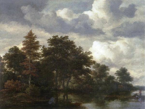 A Wooded Landscape With Figures By A River by Jacob Van Ruisdael