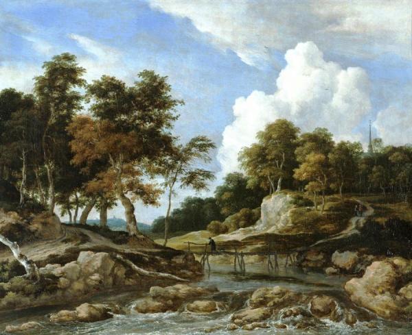 Jacob Van Ruisdael A Wooded River Landscape With A Bridge, A Church Beyond