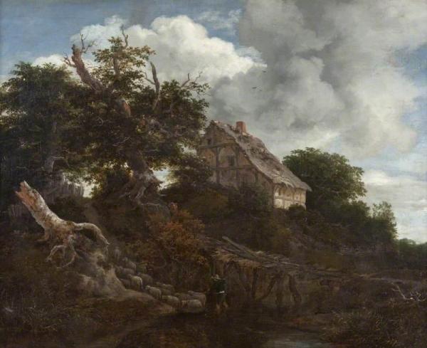 Landscape With A Cottage, Bridge And Sheep by Jacob Van Ruisdael