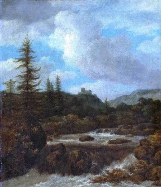 Landscape With A Waterfall Near A Castle by Jacob Van Ruisdael