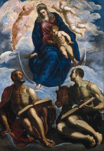 Mary With The Child, Venerated By St. Marc And St. Luke by Jacopo Tintoretto