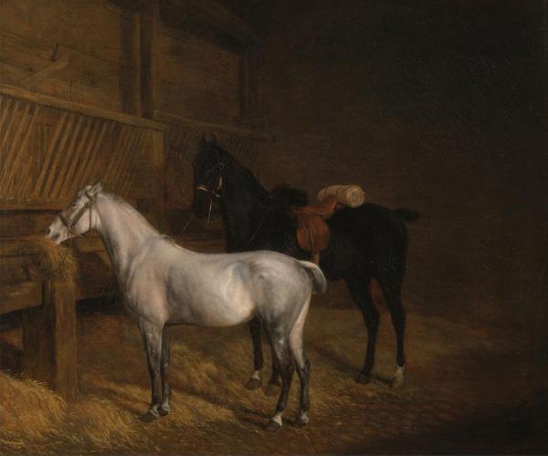 A Grey Pony And A Black Charger In A Stable by Jacques-laurent Agasse Oil Painting Reproductions