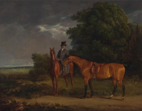 A Groom Mounted On A Chestnut Hunter, He Holds A Bay Hunter By The Reins by Jacques-laurent Agasse