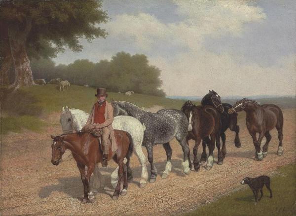 Jacques-laurent Agasse A Groom With A String Of Carthorses And A Dog, On A Country Road