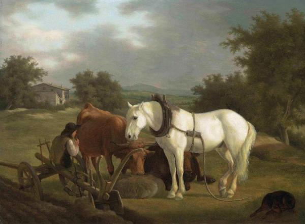 Jacques-laurent Agasse A Rural Landscape With A Ploughman Resting With His Grey Horse, Cattle And Dog