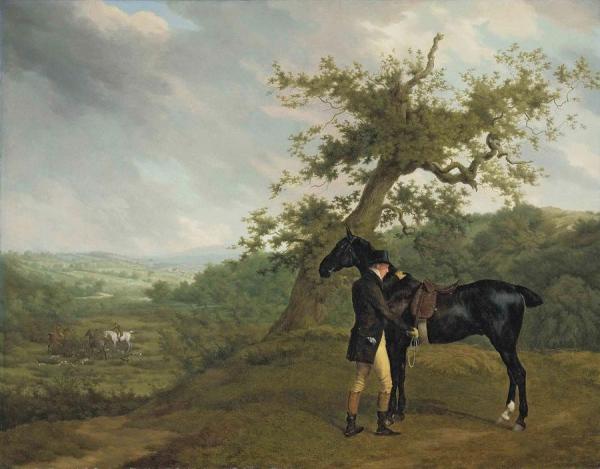 George Irving With His Black Hunter Beneath A Blasted Oak by Jacques-laurent Agasse
