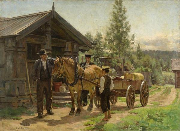 Two Men And A Boy With A Horse Carriage by Jakob Gloersen