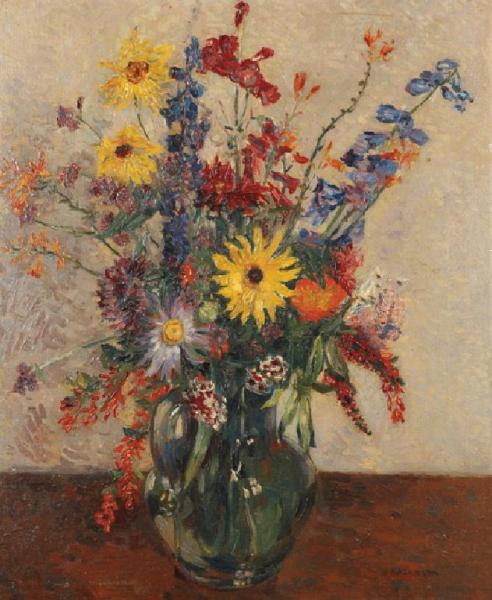 Still Life Of Summer Flowers In A Glass Jug On A Table Top by James Bolivar Manson