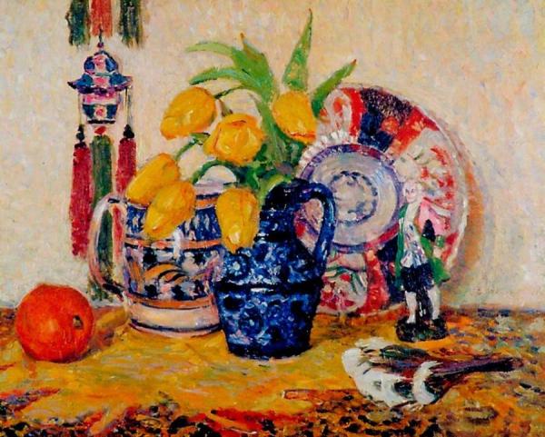Still Life, Tulips In A Blue Jug by James Bolivar Manson