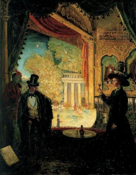 A Scene In A Theatre: A Performance Seen From A Box In Which Three Figures Are Standing by James Dickson Innes