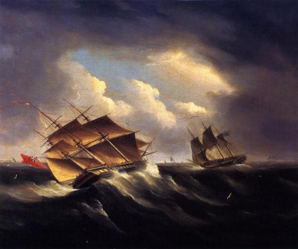 A British Frigate Approaching Another Vessel In A Heavy Sea by James Edward Buttersworth