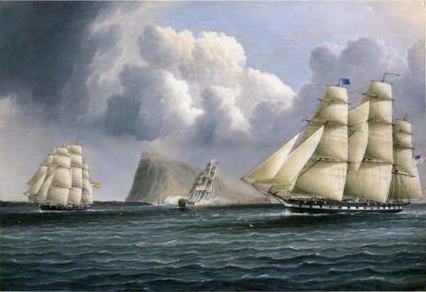 American Frigate Off Gibralter Flying A Commodore's Pennant by James Edward Buttersworth