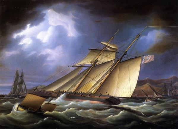 An Armed Topsail Schooner In Stormy Weather by James Edward Buttersworth Oil Painting Reproductions