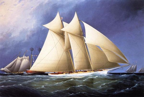 New York Yacht Club Schooner 'columbia' Leading New York Yacht Club Schooner 'dauntless' Rounding Sandy Hook Lightship In The Hurricane Cup Race by James Edward Buttersworth