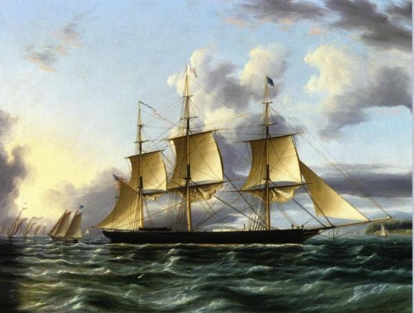 The American Clipper 'architect' Off A Coast With Pilot Boat, A Regatta And Other Shipping In The Distance by James Edward Buttersworth