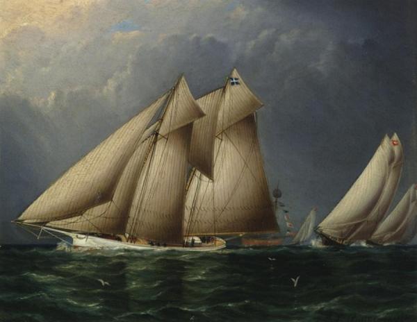 The Schooner Yacht 'fenella' Rounding Sandy Hook Lightship With 'estelle' Following by James Edward Buttersworth