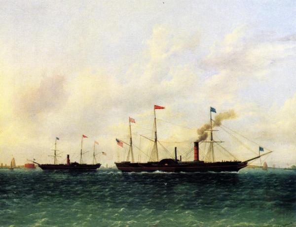 The U.s. Mail Steamship "washington" Flying The Mail Flag Passing The "hermann" Off Governors Island by James Edward Buttersworth