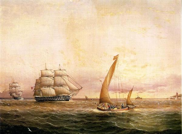 Two American Naval Vessels Entering Harbor by James Edward Buttersworth