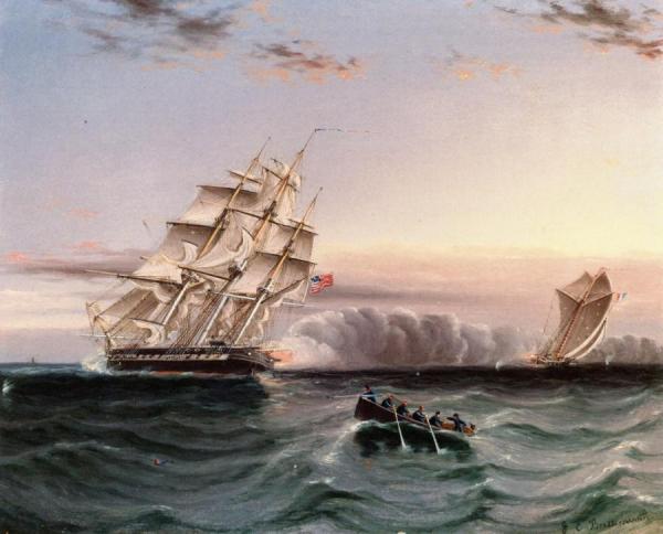 Us Frigate And Privateer by James Edward Buttersworth