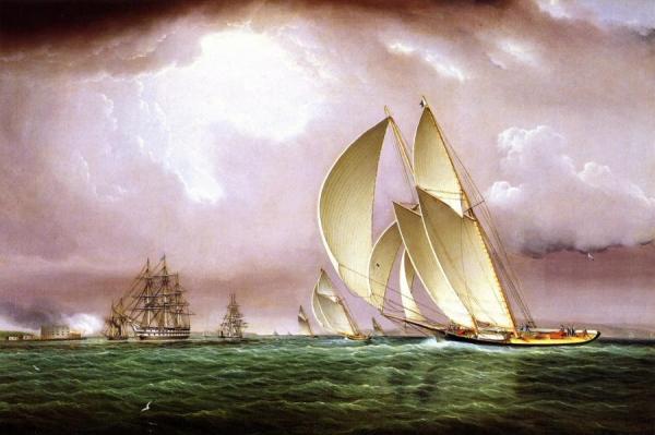 Yachting Race In New York Harbor With Naval Salute And Castle Williams On Governors Island by James Edward Buttersworth