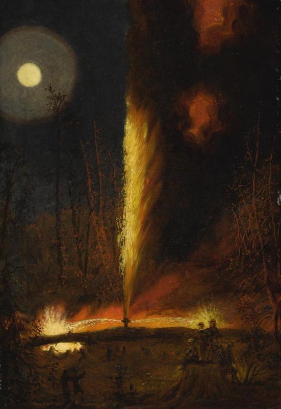 James Hamilton Burning Oil Well At Night, Near Titusville, Pennsylvania, 1859